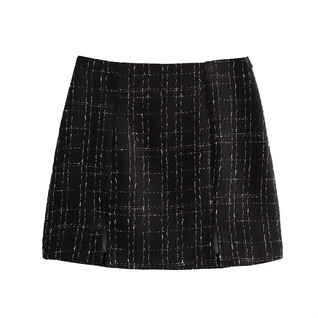 Astraea Black Tweed Notched Collar Long Sleeve Cropped Blazer and Side Zipper Casual Mini Skirt Set