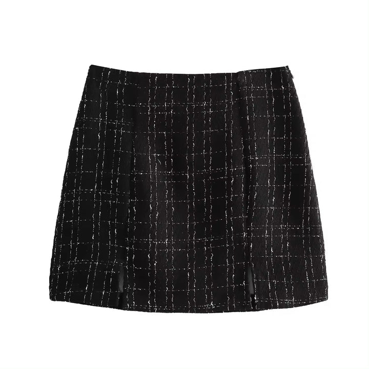 Astraea Black Tweed Notched Collar Long Sleeve Cropped Blazer and Side Zipper Casual Mini Skirt Set