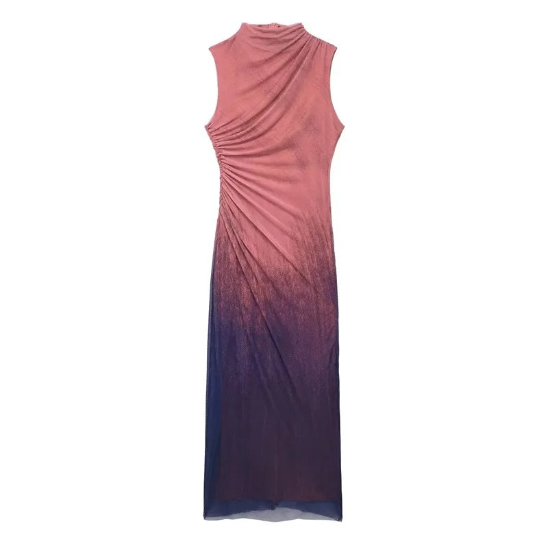 Asvoria Dual Color Sleeveless Mock Neck Ruched Sheath Maxi Dress