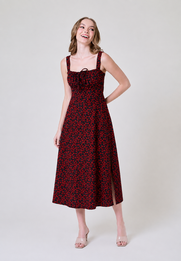 Franziska Black And Red Floral Print Square Neck Tie Bust Front Slit Midi Dress