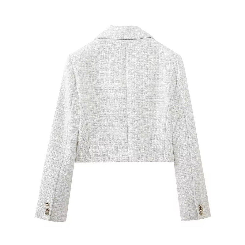 Ava White Tweed Notched Collar Double Breasted Long Sleeves Cropped Blazer