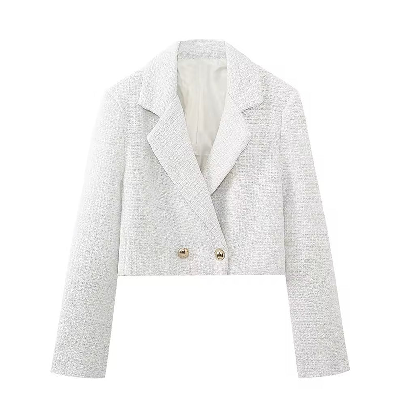 Ava White Tweed Notched Collar Double Breasted Long Sleeves Cropped Blazer