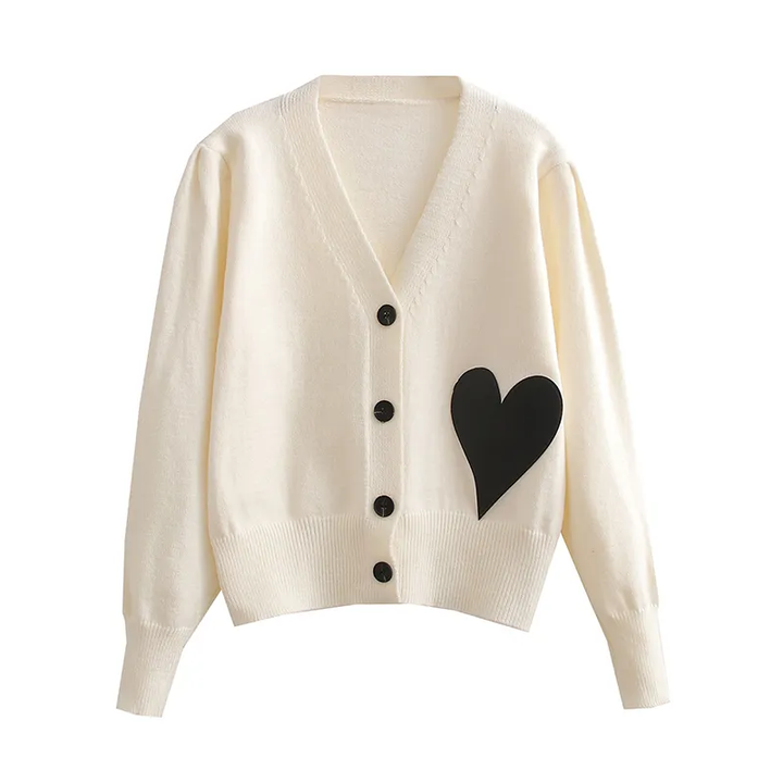 Avenly White V Neck Button Down with Heart Detail Knitted Long Sleeves Cardigan Top
