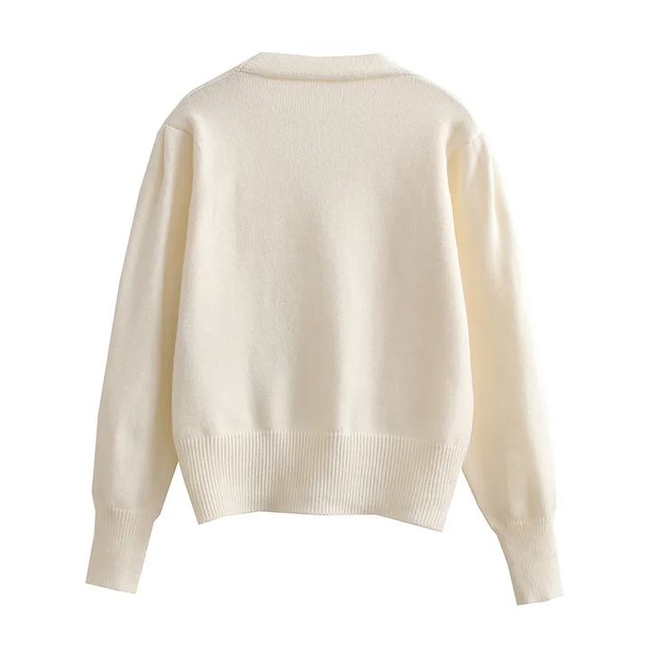 Avenly White V Neck Button Down with Heart Detail Knitted Long Sleeves Cardigan Top