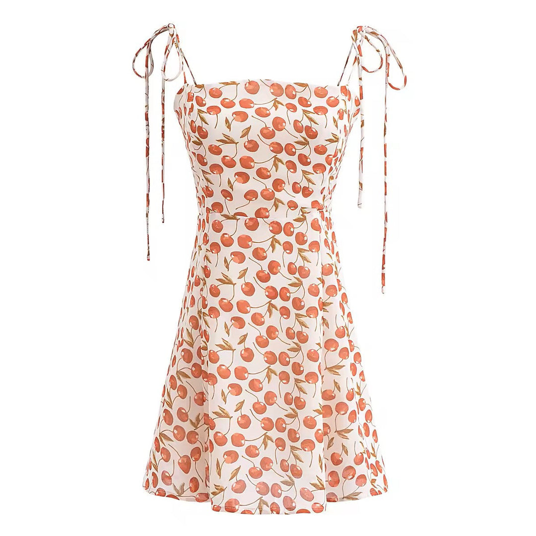 Rada White Red Cherry Print Sleeveless Self Tie Strap Smocked Zipper Back Mini Dress