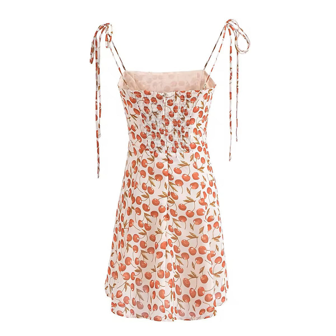 Rada White Red Cherry Print Sleeveless Self Tie Strap Smocked Zipper Back Mini Dress