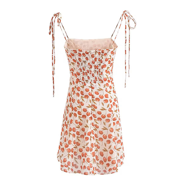 Rada White Red Cherry Print Sleeveless Self Tie Strap Smocked Zipper Back Mini Dress