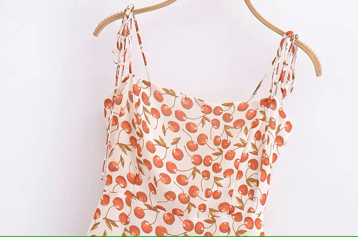 Rada White Red Cherry Print Sleeveless Self Tie Strap Smocked Zipper Back Mini Dress