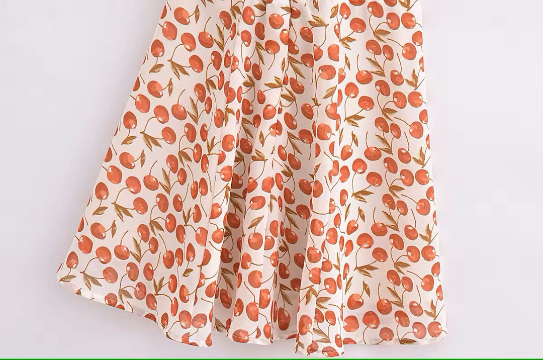 Rada White Red Cherry Print Sleeveless Self Tie Strap Smocked Zipper Back Mini Dress