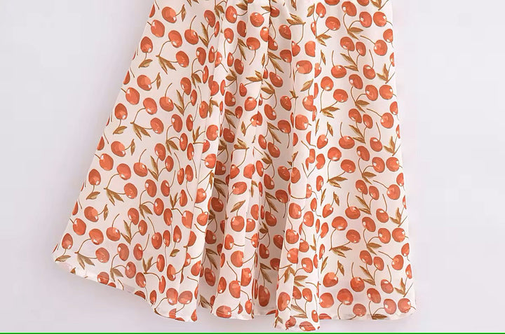 Rada White Red Cherry Print Sleeveless Self Tie Strap Smocked Zipper Back Mini Dress