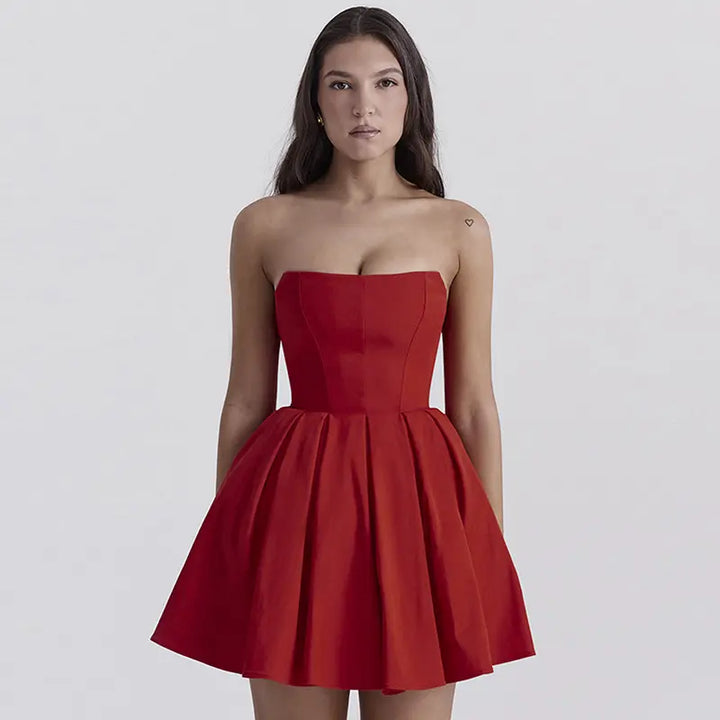 Beryl Ruby Red Tube Pleated A-Line Mini Dress