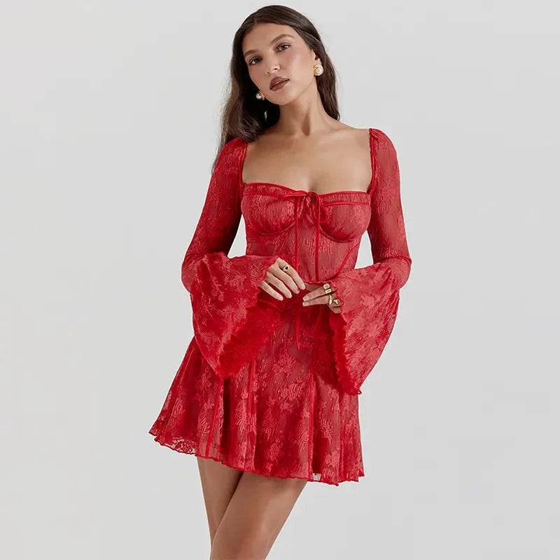 Brielle Red Square Neck Slim Boning Flare Long Sleeve Lace Mini Dress