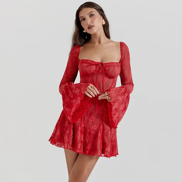Brielle Red Square Neck Slim Boning Flare Long Sleeve Lace Mini Dress