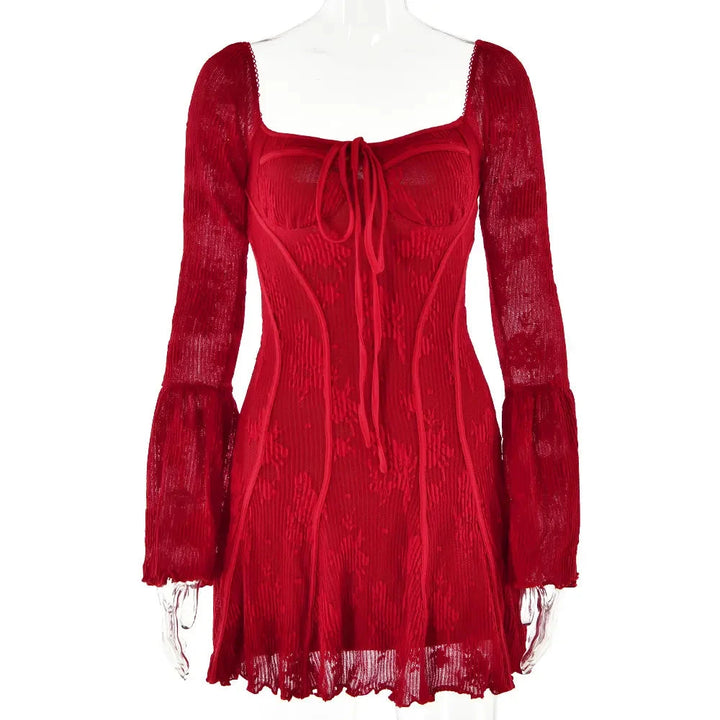 Brielle Red Square Neck Slim Boning Flare Long Sleeve Lace Mini Dress