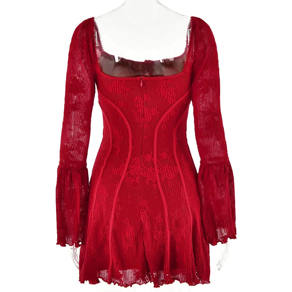Brielle Red Square Neck Slim Boning Flare Long Sleeve Lace Mini Dress