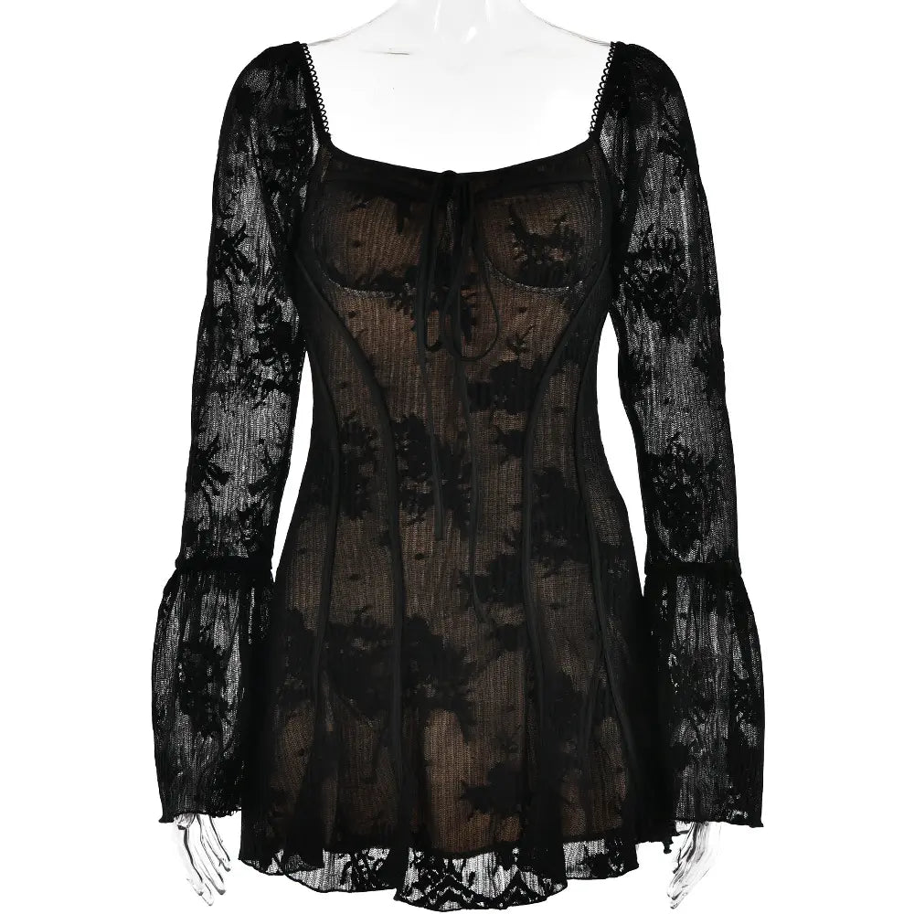 Brielle Black Square Neck Slim Boning Flare Long Sleeve Lace Mini Dress