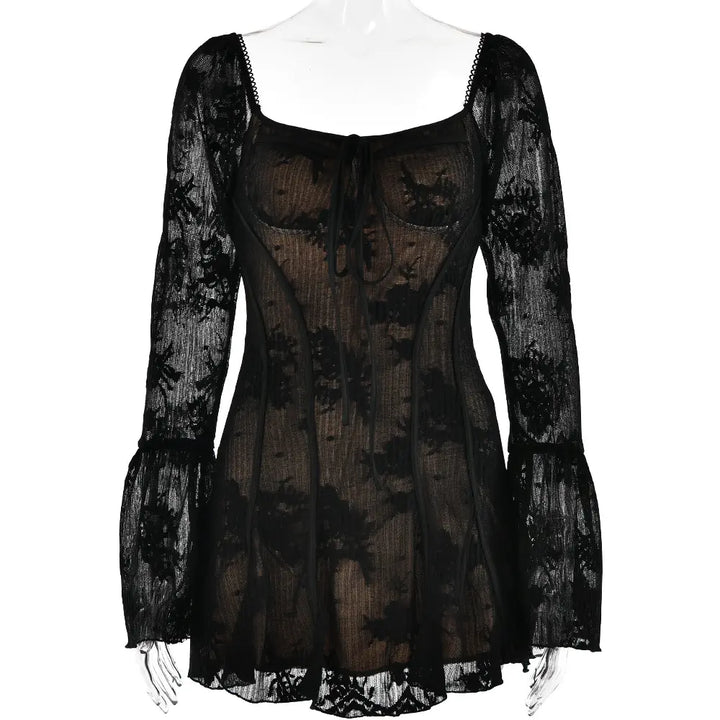 Brielle Black Square Neck Slim Boning Flare Long Sleeve Lace Mini Dress