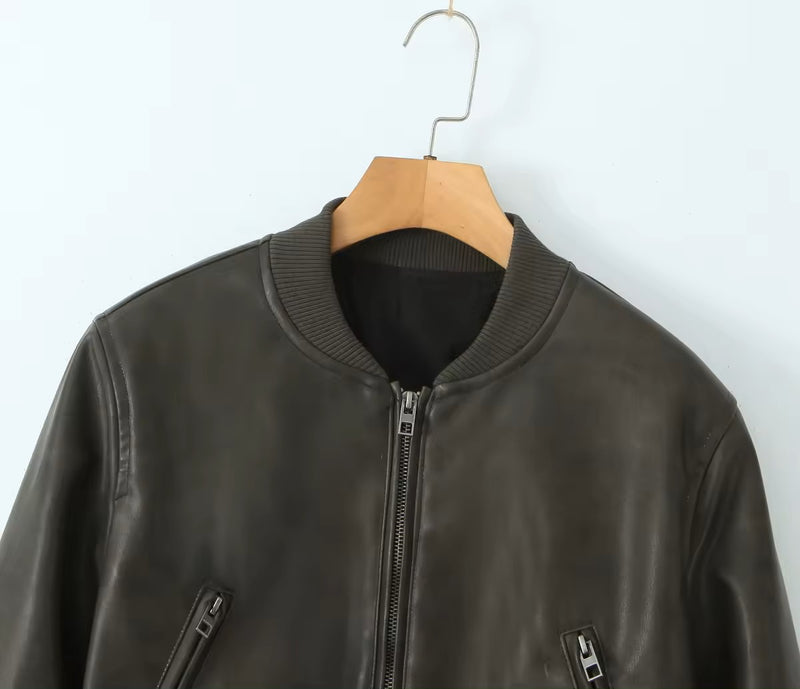 Brooks Moss Green Faux Leather Crew Neck Zip Up Long Sleeves Pilot Jacket