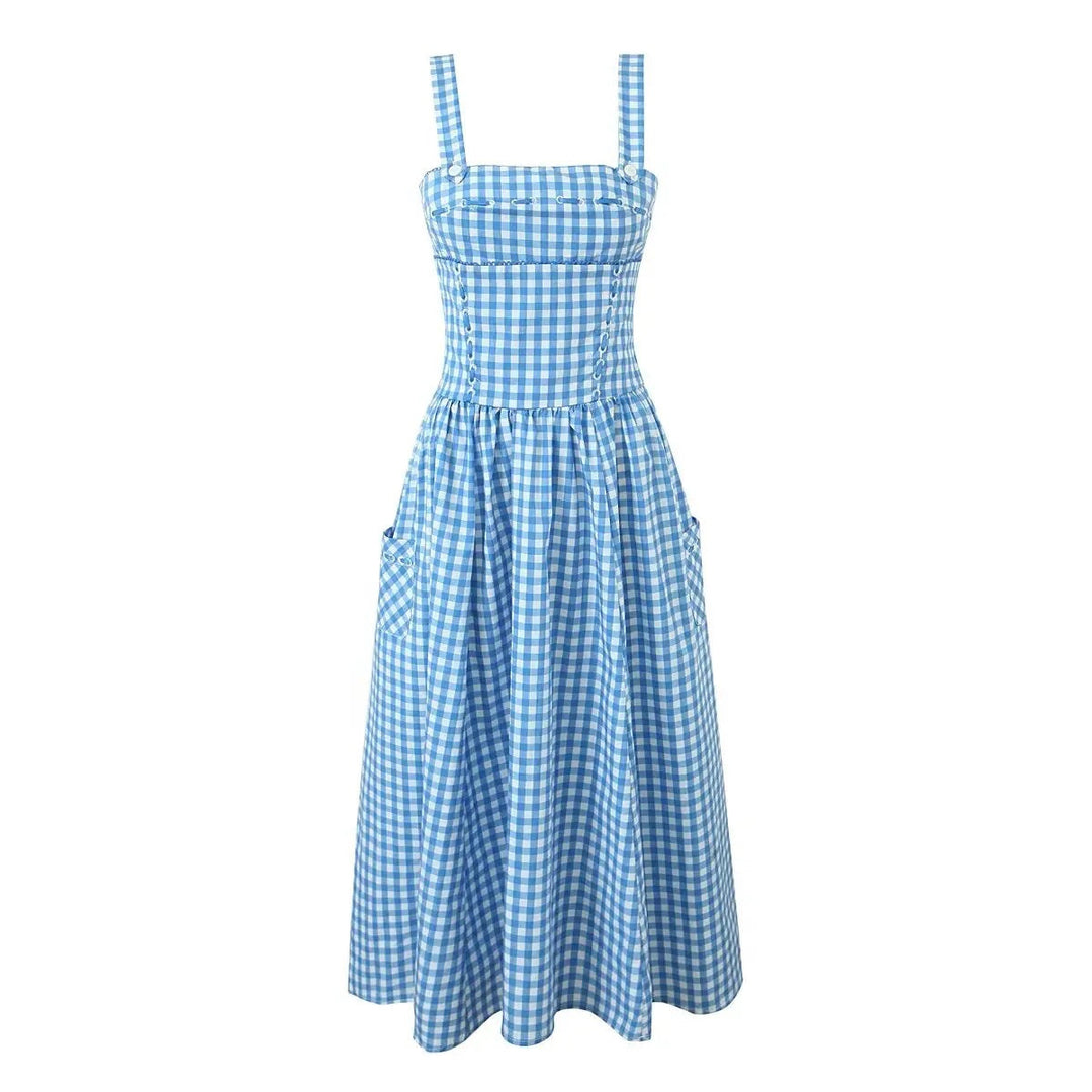 Kendys Blue and White Checkered Front Side Pockets Midi Dress