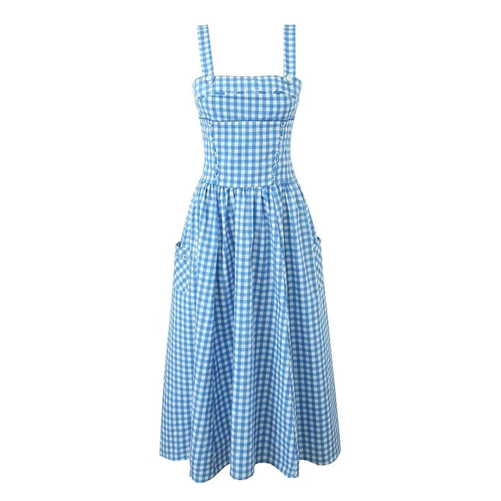 Kendys Blue and White Checkered Front Side Pockets Midi Dress