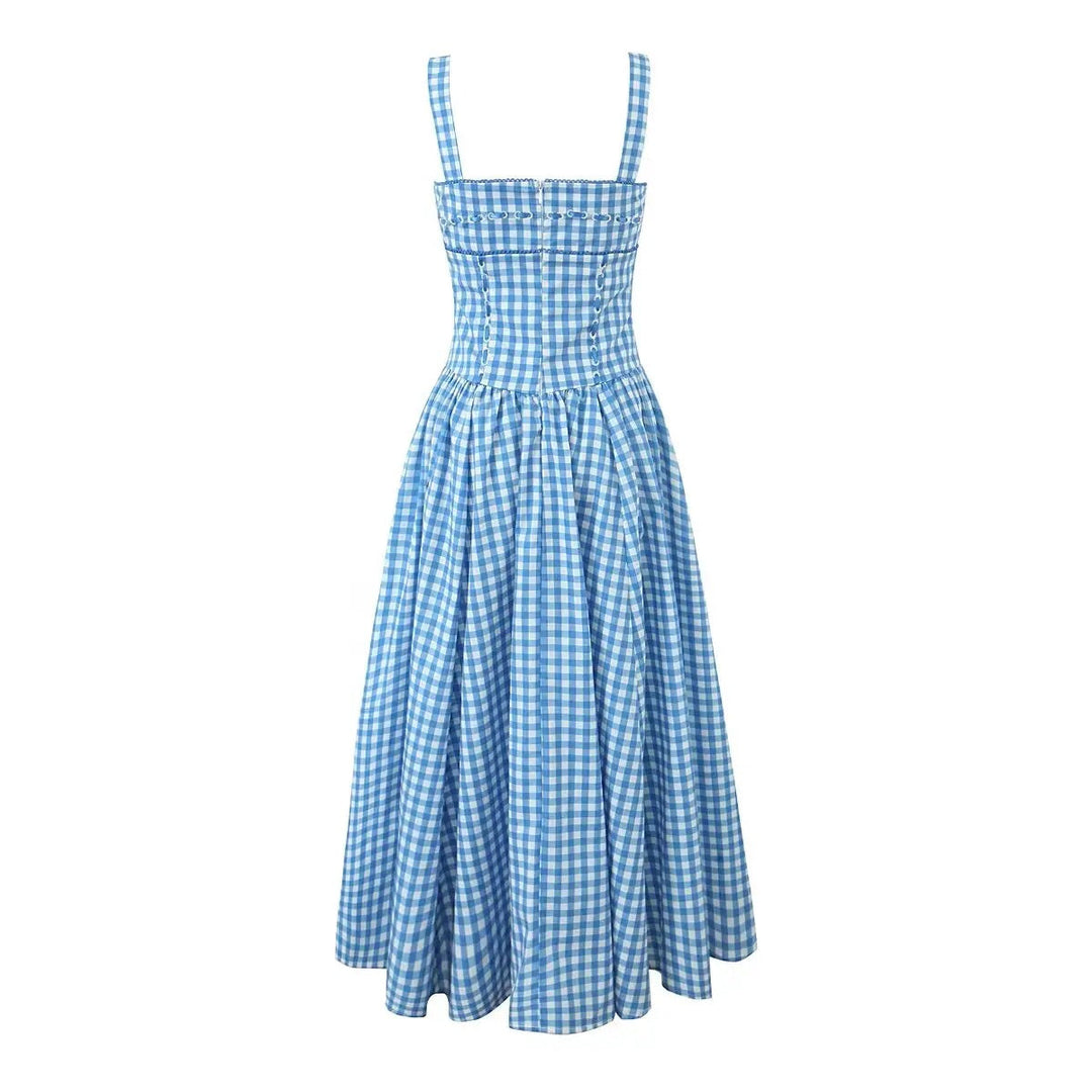 Kendys Blue and White Checkered Front Side Pockets Midi Dress
