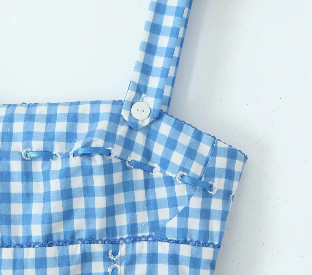 Kendys Blue and White Checkered Front Side Pockets Midi Dress