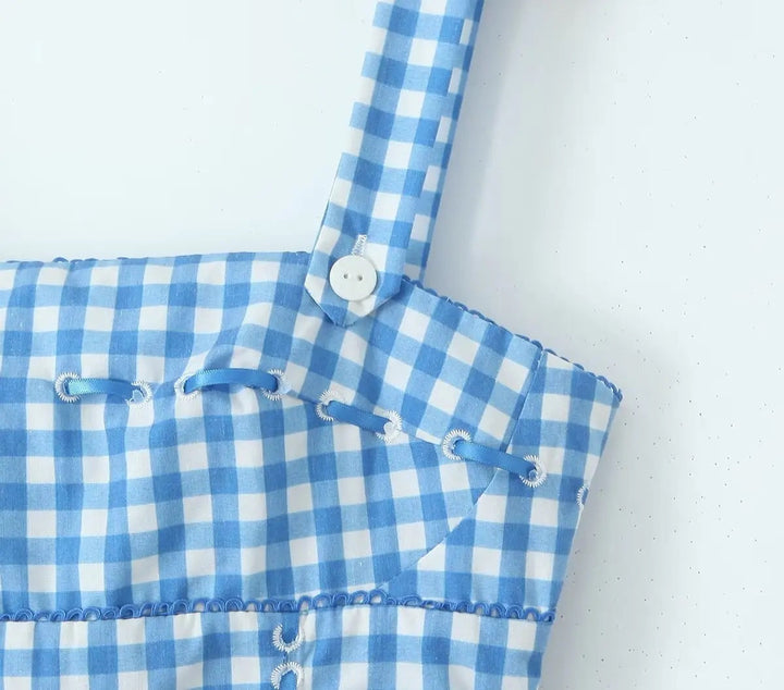 Kendys Blue and White Checkered Front Side Pockets Midi Dress