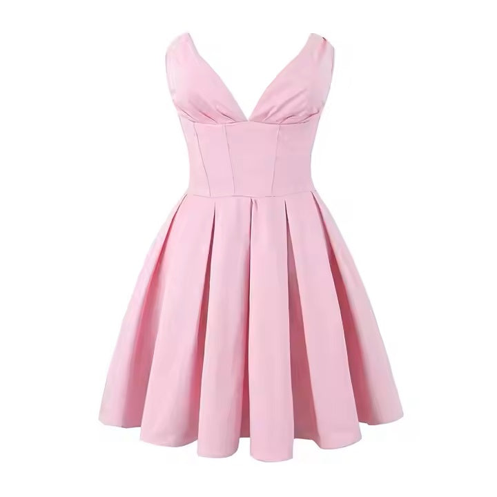 Elanna Pastel Pink Deep V Colar Pleated Mini Dress
