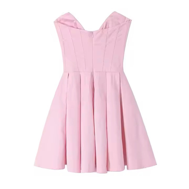 Elanna Pastel Pink Deep V Colar Pleated Mini Dress