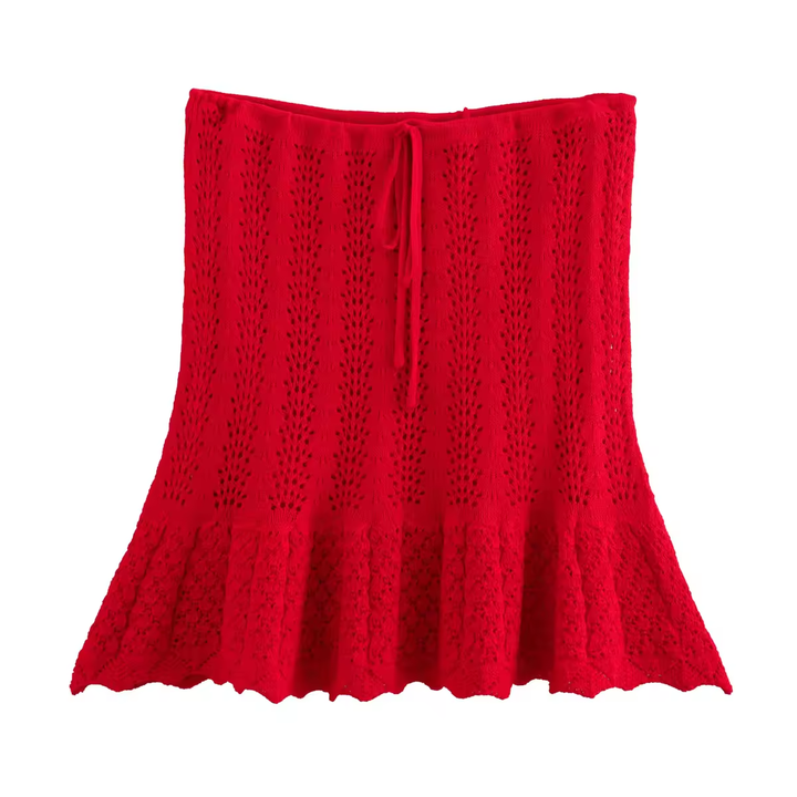 Gail Cherry Red Eyelet Knitted Mermaid Mini Skirt