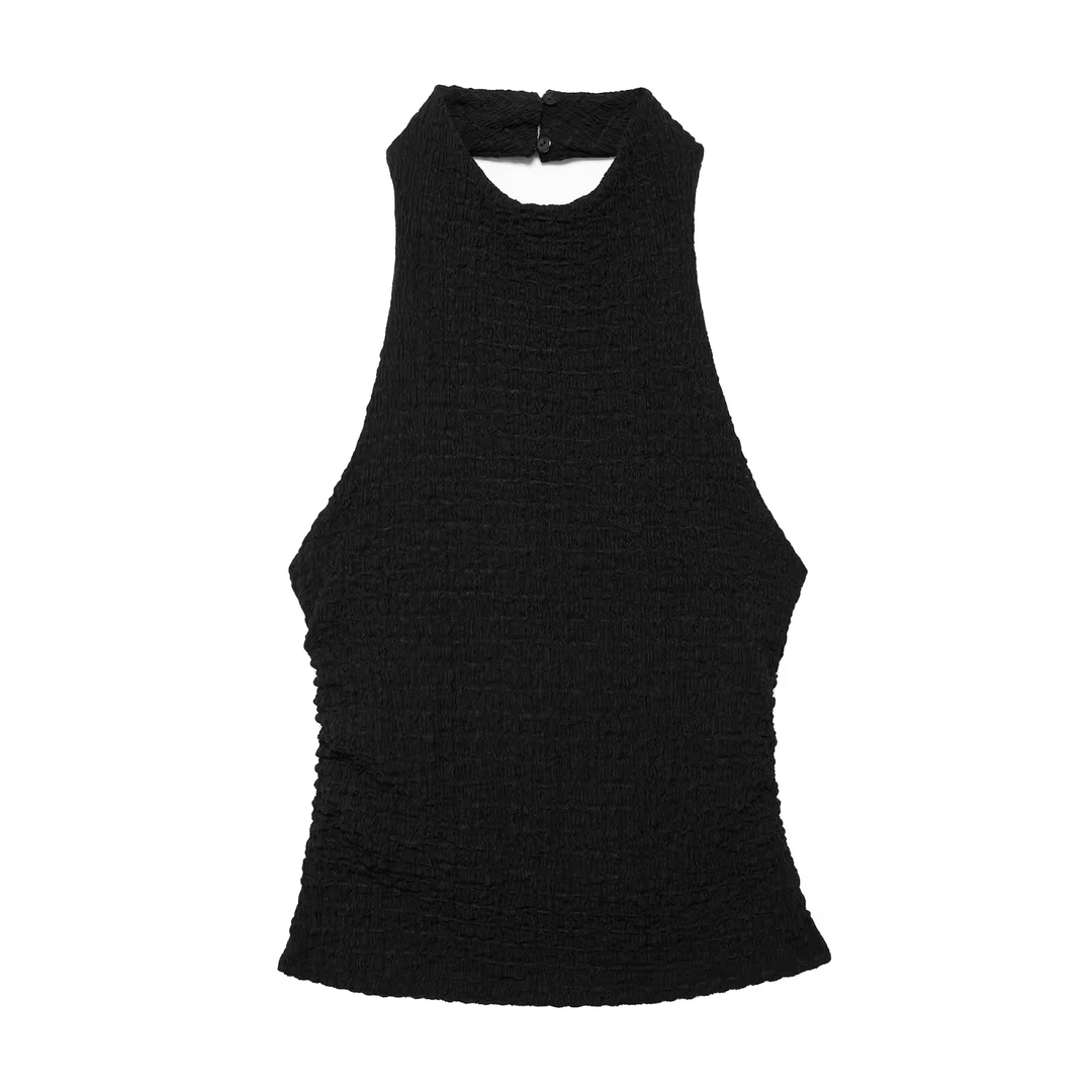 Saskia Black Textured Gathered Open Back Halter Neck Tank Top