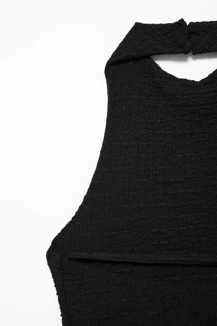 Saskia Black Textured Gathered Open Back Halter Neck Tank Top