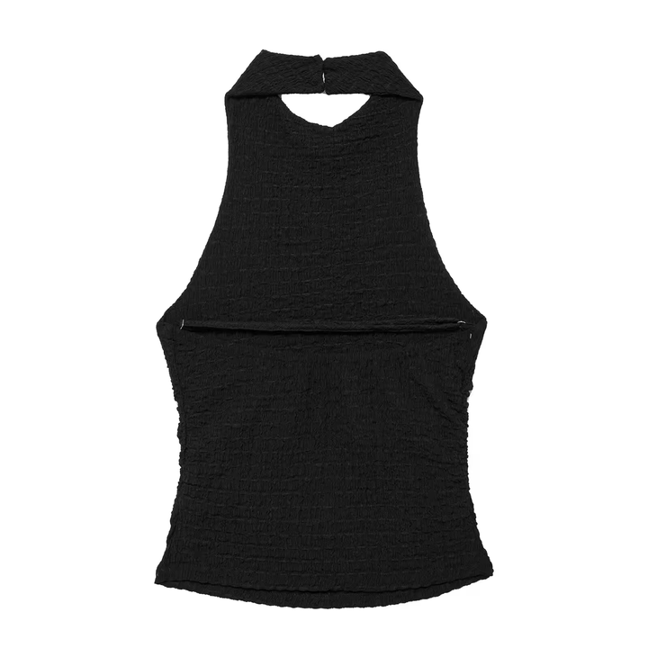 Saskia Black Textured Gathered Open Back Halter Neck Tank Top