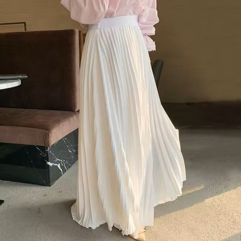 Sylvia White Pleated Elastic Waist A-Line Midi Skirt
