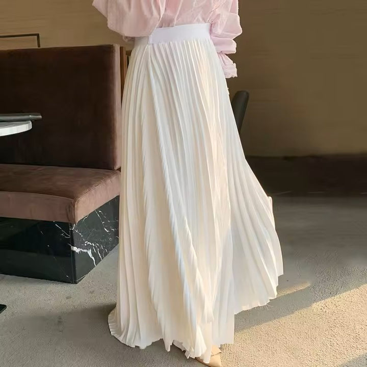Sylvia White Pleated Elastic Waist A-Line Midi Skirt