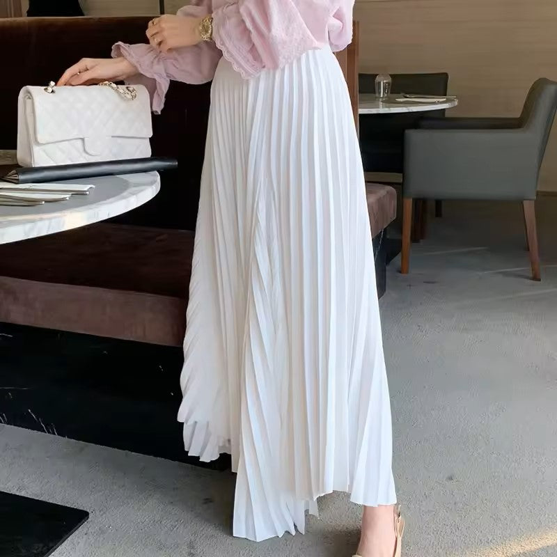 Sylvia White Pleated Elastic Waist A-Line Midi Skirt