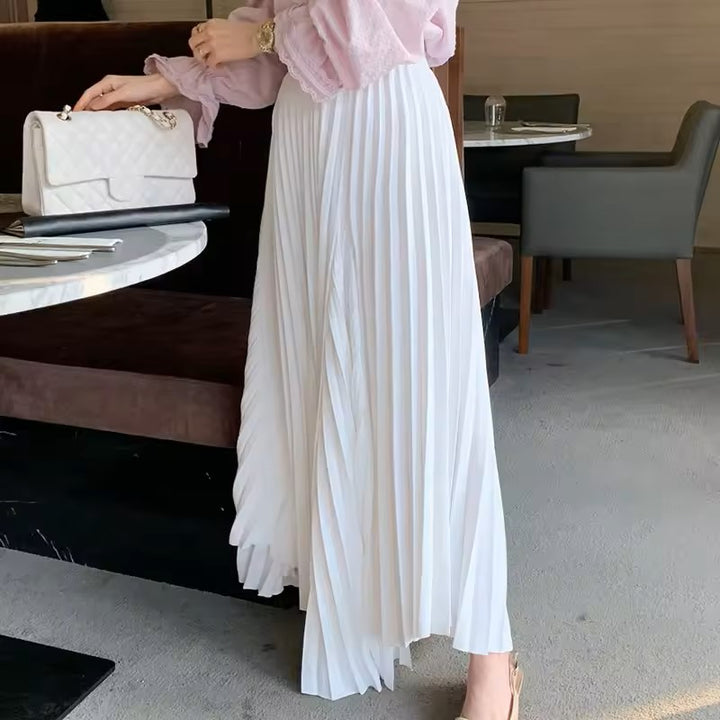 Sylvia White Pleated Elastic Waist A-Line Midi Skirt