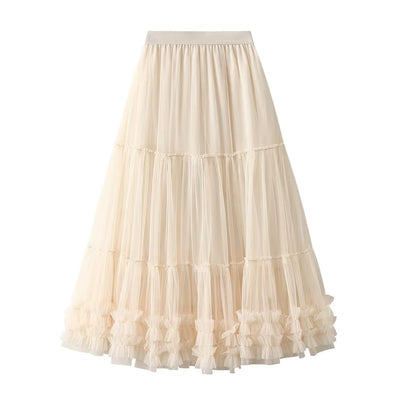 Ravenna Beige Mesh High Waist Raffles Maxi Skirt