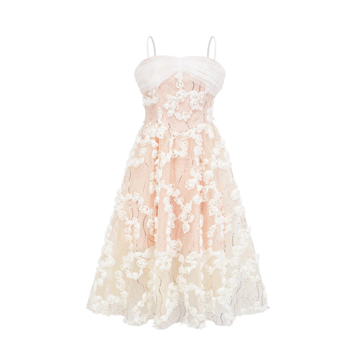 Shangrila Buffed Beige Floral-Appliqué Embellished Midi Dress