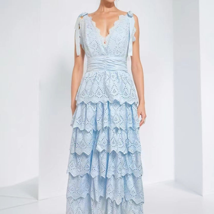 Malcom Arctic Blue Layered Lace-trim Cut-out Midi Dress