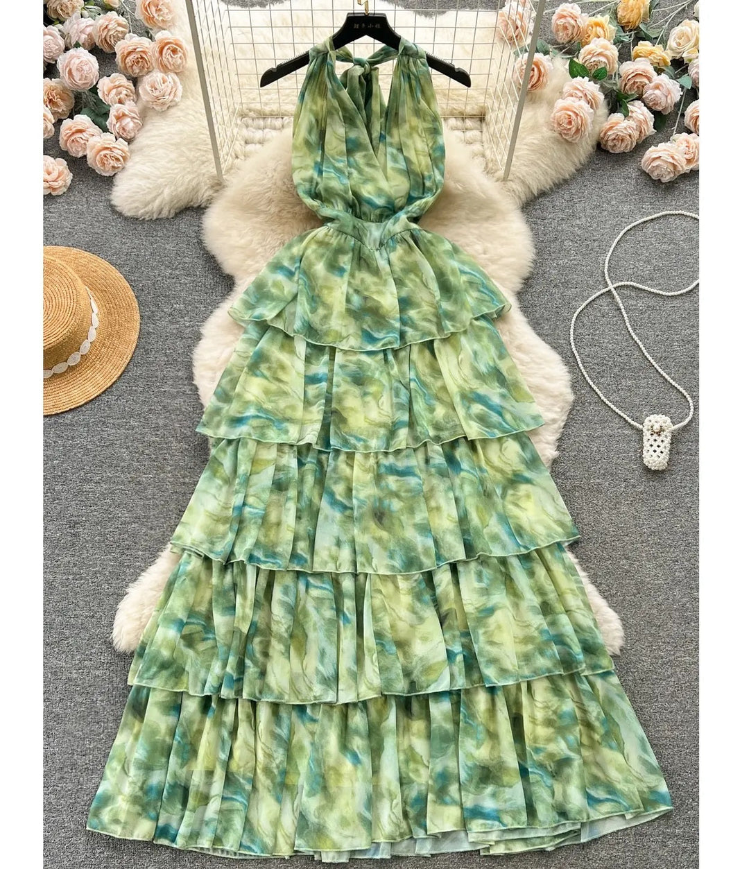 Maryjanes Pine Green Halo Dyed Ruffled Chiffon Maxi Dress