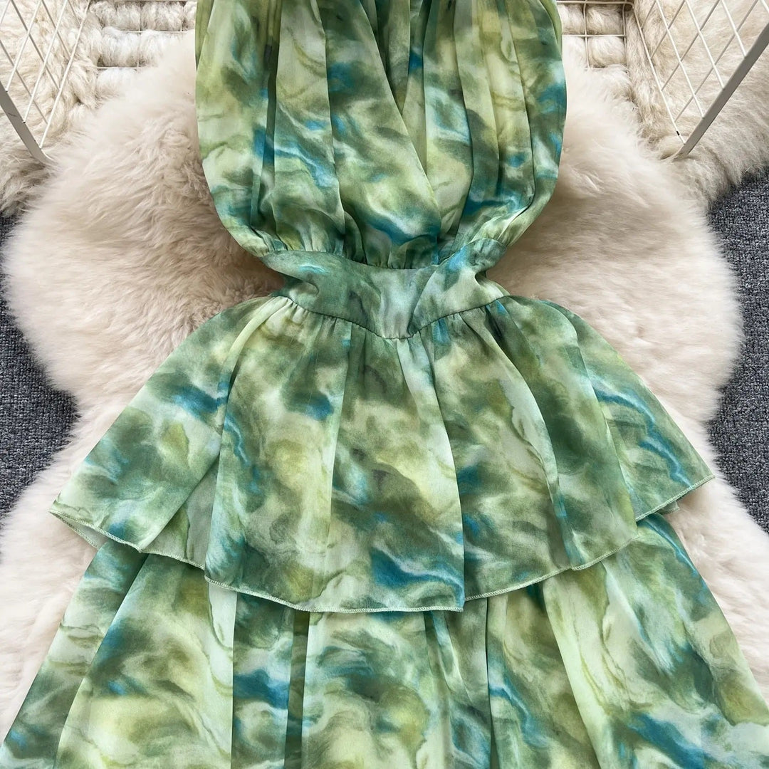 Maryjanes Pine Green Halo Dyed Ruffled Chiffon Maxi Dress