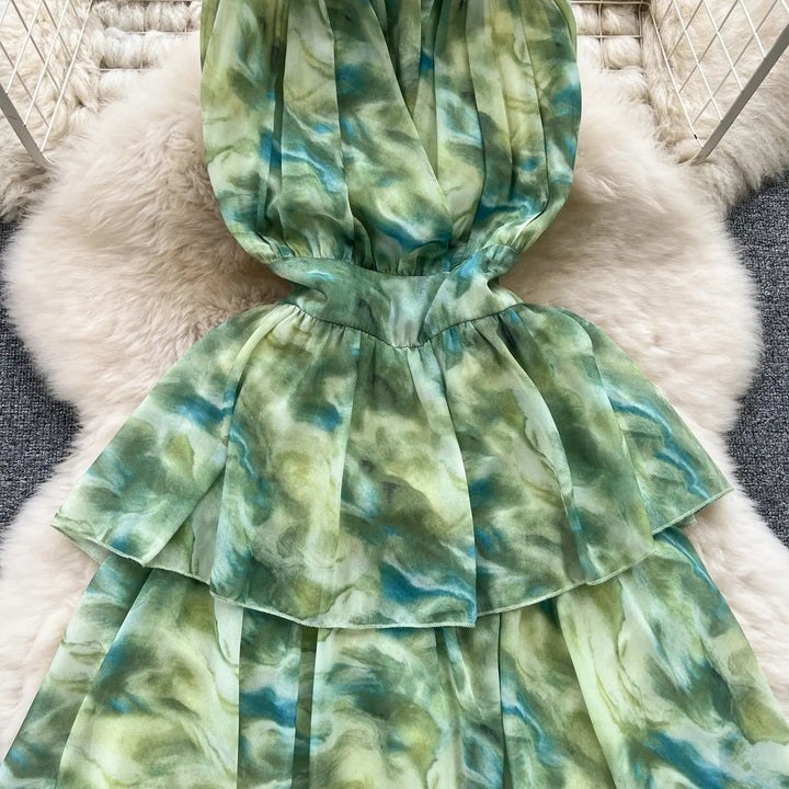 Maryjanes Pine Green Halo Dyed Ruffled Chiffon Maxi Dress