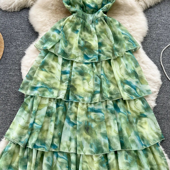 Maryjanes Pine Green Halo Dyed Ruffled Chiffon Maxi Dress