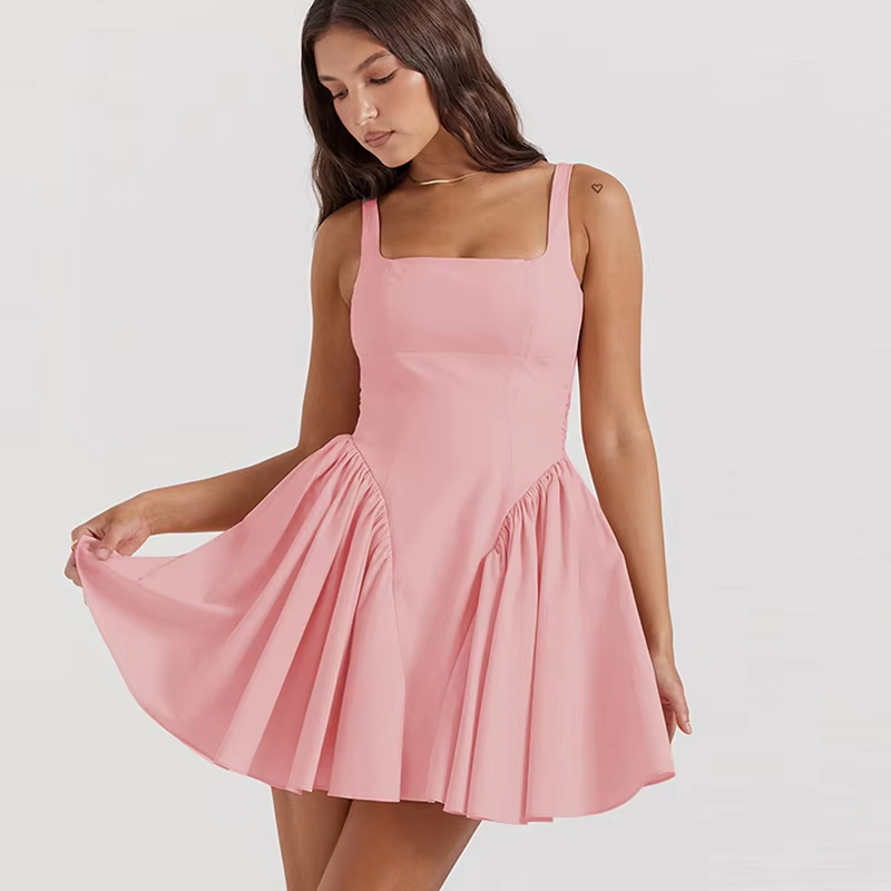 Kiehl Pastel Pink Square Neckline Pleated Skirt Big Bow Sexy Back Detail Mini Dress