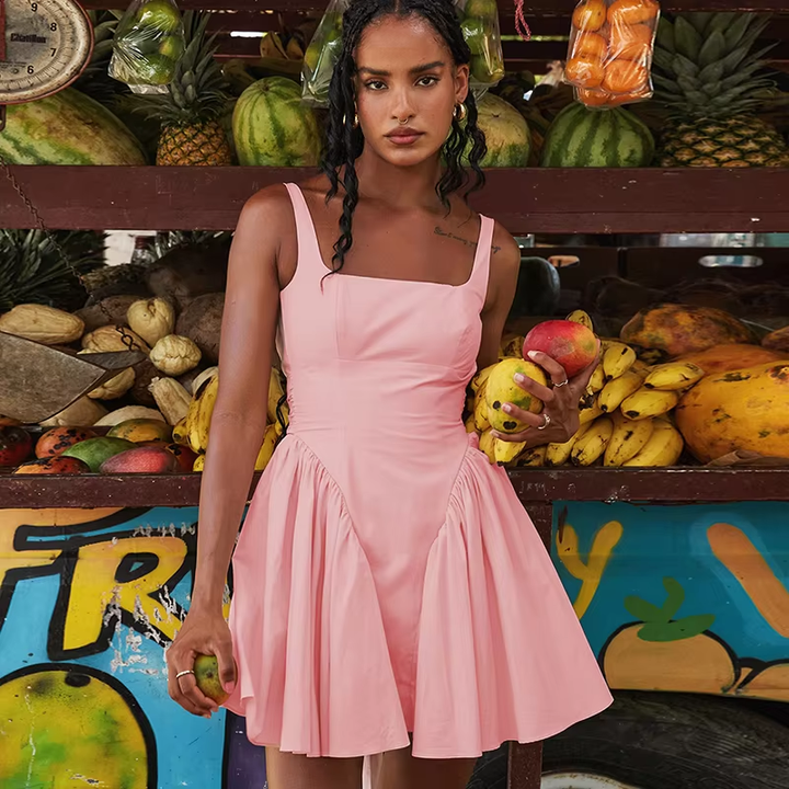 Kiehl Pastel Pink Square Neckline Pleated Skirt Big Bow Sexy Back Detail Mini Dress