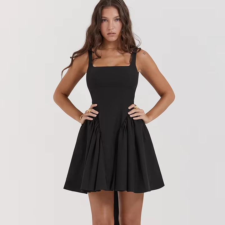 Kiehl Black Square Neckline Pleated Skirt Big Bow Sexy Back Detail Mini Dress