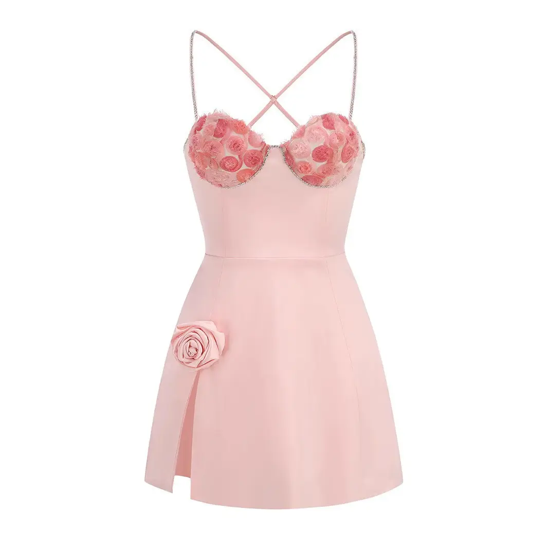 Alessia Pink Sleeveless Criss Cross Back with Flower Detail Mini Dress
