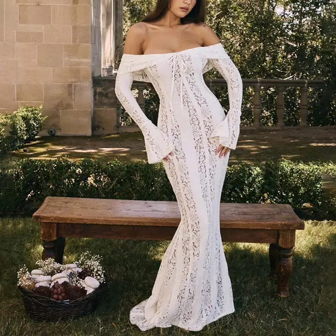 Caliste Pearl White Off Shoulder Solid Lace Sexy Maxi Dress
