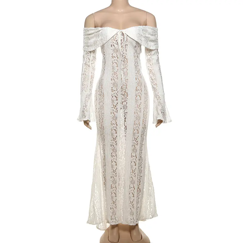 Caliste Pearl White Off Shoulder Solid Lace Sexy Maxi Dress